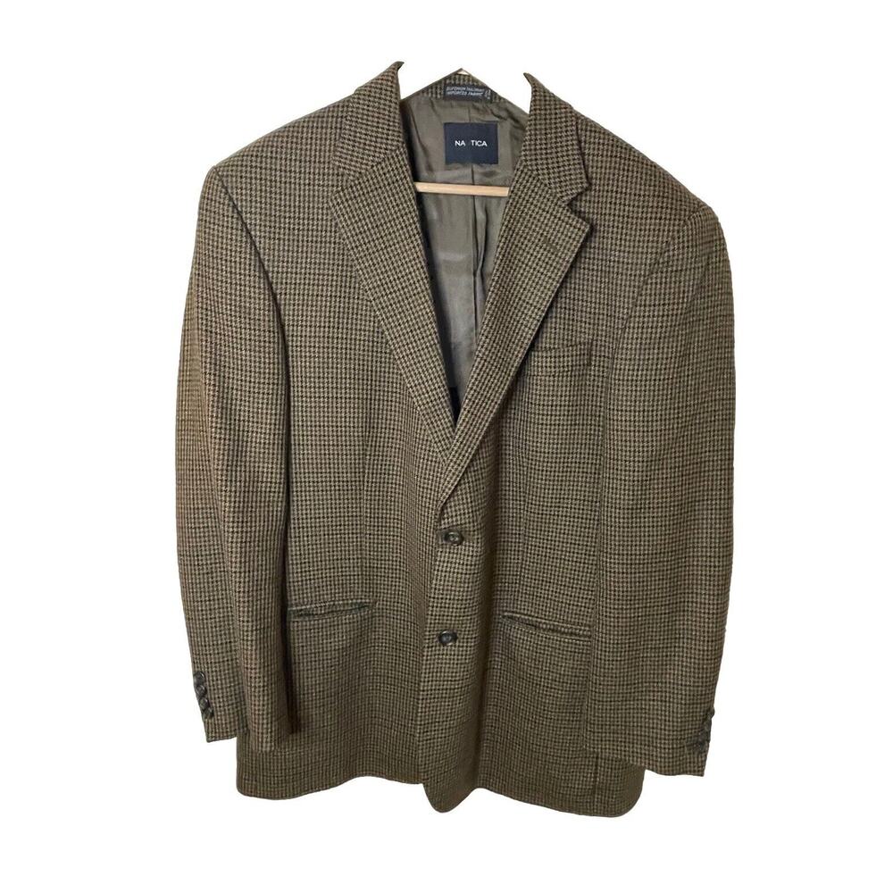 43R Nautica 100% Lambswool Brown Houndstooth Men’s Sport Coat Blazer Jacket
